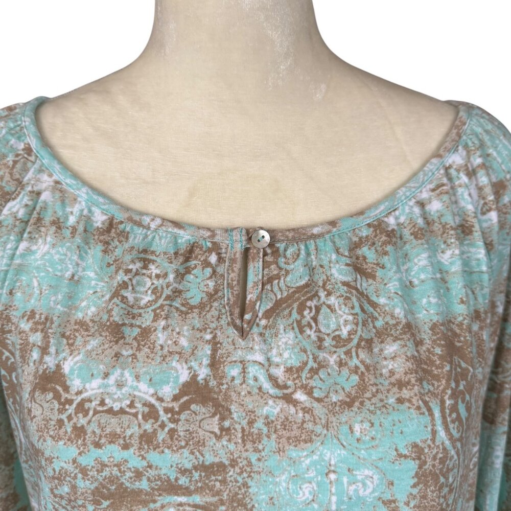 Hannah women's patterned pullover top 3/4 sleeve light teal and brown small - Picture 5 of 10